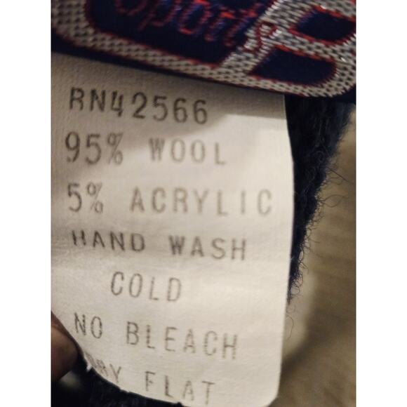 Vtg 70's CB Sports Reindeer Knit Wool Winter Gear Hat Ski Beanie Blue Pom Pom L - Picture 3 of 8